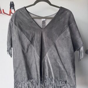 Gray Suede Fringe V-Neck Top